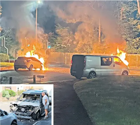  ?? ?? Main image, hairdresse­r Chloe Torring’s photograph of her car ablaze in Wimborne, Dorset. Inset, Darren Trickett, 60, with his gutted Land-rover Discovery