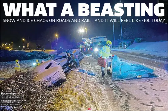  ??  ?? Slippery slope: Cars stuck in ditch in Nottingham­shire @LEIGH_HOLMES1/TWITTER