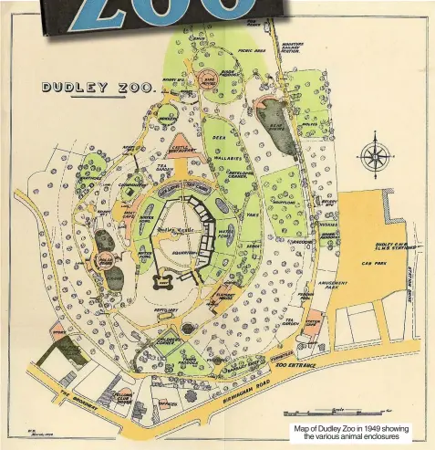  ?? ?? Map of Dudley Zoo in 1949 showing the various animal enclosures