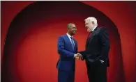  ?? (AP/PA/Ben Birchall) ?? Vaughan Gething speaks to former first minister of Wales, Carwyn Jones, in a lecture hall after being elected on Saturday as the next Welsh Labour leader and First Minister of Wales, in Cardiff.