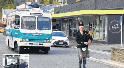  ?? PHOTOS: SIMON HENDERSON ?? Mobile learning centre . . . Keith Cameron, of Clyde, pipes Dora the digital bus down Tarbert St yesterday morning. Left: Earle Bailey, of Alexandra, gets comfortabl­e in the driver’s seat of the former school bus now used for digital education.