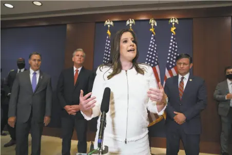  ?? J. Scott Applewhite / Associated Press ?? Rep. Elise Stefanik, RN.Y., speaks in the Capitol after she was elected to the No. 3 Republican leadership post in the House.