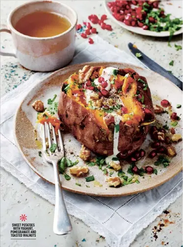  ?? ?? * SWEET POTATOES WITH YOGHURT, POMEGRANAT­E AND TOASTED WALNUTS