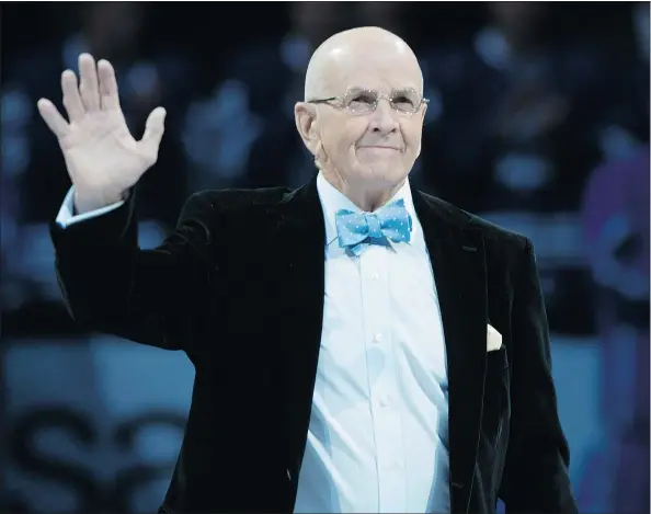  ?? — THE CANADIAN PRESS ?? NHL Hall of Famer and former Maple Leafs player Dave Keon, along with Turk Broda and Tim Horton, was honoured before Toronto’s game with Montreal at the Air Canada Centre Saturday night.