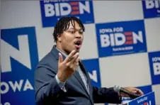  ?? Andrew Harnik/Associated Press ?? Pennsylvan­ia House Rep. Malcolm Kenyatta, D-Philadelph­ia, speaks at a campaign stop to support Joe Biden in Des Moines, Iowa, on Jan. 8, 2020. Mr. Kenyatta, now a candidate for a Senate seat, has said he supports a moratorium on fracking and wants to “double down” on clean energy.