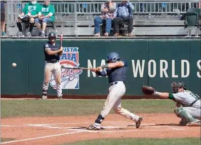  ?? Photo courtesy of Tony Berru ?? The Master’s University’s Jonah Jarrard lines the ball toward the outfield during TMU’s NAIA World Series opener Friday in Lewiston, Idaho. The Mustangs won against the University of Science and Arts of Oklahoma 7-3.