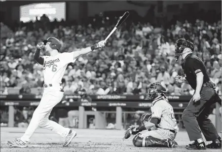  ?? Photograph­s by Robert Gauthier Los Angeles Times ?? DODGERS SHORTSTOP Trea Turner, shown hitting a solo home run in the third inning of Game 2 in the National League Division Series, is one of the many big names in Los Angeles’ deep lineup, but the Padres have shown it takes more than just stars to win.