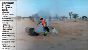  ??  ?? > Bonfire (directly on the ground) > Camping > Barbecuing/ cooking > Littering > Dog walking > Swimming > Fishing > Animal feeding > Hunting/killing wildlife > Entry
of motorcycle­s and other vehicles > Cutting/removing plants A Dubai Municipali­ty...