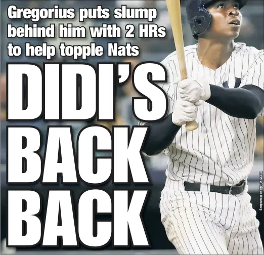  ??  ?? Didi Gregorius, now batting .313 over his past 12 games to help erase his brutal May, watches the second of his two solo home runs in the Yankees’ 3-0 win over the Nationals at the Stadium.