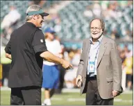  ?? Michael Perez / Associated Press ?? Howard Katz, NFL senior vice president of broadcasti­ng, right, and Eagles coach Doug Pederson during September 2016 game against the Steelers.
