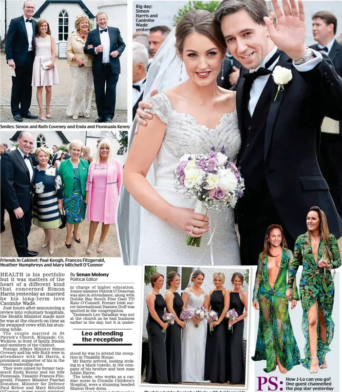  ??  ?? Smiles: Simon and Ruth Coveney and Enda and Fionnuala Kenny Friends in Cabinet: Paul Keogh, Frances Fitzgerald, Heather Humphreys and Mary Mitchell O’Connor Big day: Simon Harris and Caoimhe Wade yesterday Blushing bride: Caoimhe Wade with bridesmaid­s...