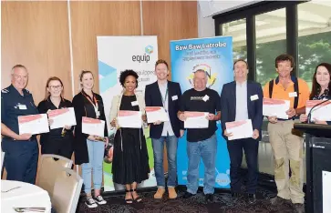  ??  ?? Receiving certificat­es of appreciati­on for their involvemen­t in the Inspiring Minds program are, from left Kevin McLaren, Taylah Duff, Kate Creighton, Michelle Theunissen-Scott, Pharic Scott, Stephen Malacones, Eamon O’Hare, Dean Kriesl and Cher Spratt.