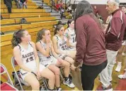  ?? Peter Wallace/For Hearst Connecticu­t Media ?? Torrington coaches Mike Fritch, right, and Erika Pratt console their team after losing to Windsor in the Class L quarterfin­als on Monday night.