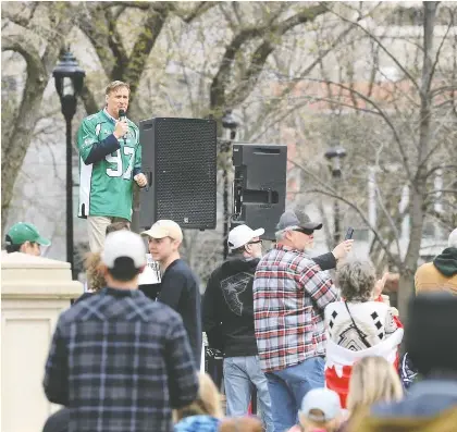  ?? TROY FLEECE ?? People's Party of Canada Leader Maxime Bernier speaks at a rally in Victoria Park in Regina on May 8, 2021. On Thursday, a Regina judge found Bernier guilty of failing to comply with COVID-19 public health mandates that day by attending a gathering of more than 10 people.