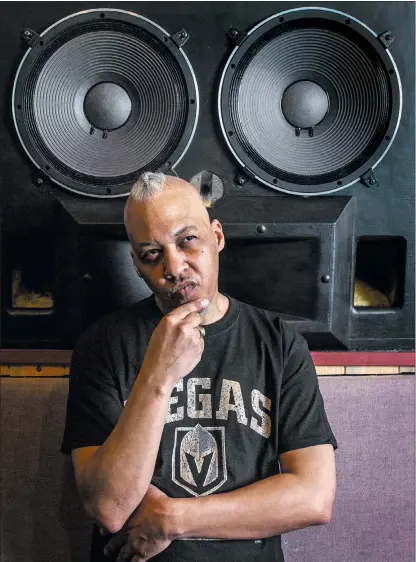  ??  ?? Las Vegas Review-journal @benjaminhp­hoto Veteran hip-hop producer Tiger Stylz takes a break at Digital Insight Recording Studio, which he co-owns with Mike Lavin.