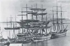  ??  ?? Sailing ships lined up at Yarra St Pier in the 1800s. The You Yangs can be seen in the background.