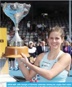  ??  ?? AUCKLAND: Julia Goerges of Germany celebrates winning her singles final match against Caroline Wozniaki of Denmark at the WTA Auckland Classic tennis tournament in Auckland yesterday. —AFP