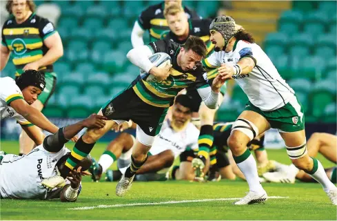  ?? PICTURES: Getty Images ?? Unstoppabl­e: Alex Mitchell crosses to score his opening try for Northampto­n