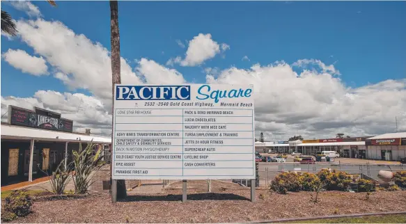  ??  ?? Pacific Square shopping centre at Mermaid Beach may be on the wrong side of the Gold Coast Highway but is loaded with redevelopm­ent potential.