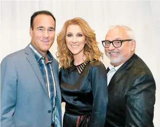  ??  ?? Pierre Dion, président et chef de la direction de Québecor, Céline Dion et le gérant de la chanteuse, Aldo Giampaolo, au centre Vidéotron, hier soir.