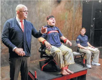  ?? Gary Fountain photos ?? Obsidian Theater just staged Orwell’s classic “1984,” starring Chris Gibson, from left, Allen Titel and Blake Alexander Weir.