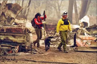  ?? The Associated Press ?? Butte County Search and Rescue worker Noelle Francis, left, and search dog Spinner look through the ashes for survivors and remains at a wildfire-ravaged area at Skyway Villa Mobile Home and RV Park in Paradise, Calif., Monday.