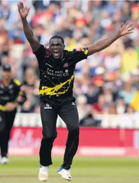  ?? Picture: Philip Brown/Getty ?? Jerome Taylor appeals for a wicket while playing for Somerset against Sussex Sharks in the Vitality Blast semi-final at Edgbaston in 2018