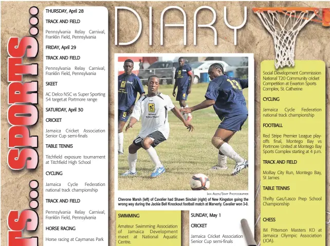  ?? IAN ALLEN/STAFF PHOTOGRAPH­ER ?? Chevone Marsh (left) of Cavalier had Shawn Sinclair (right) of New Kingston going the wrong way during the Jackie Bell Knockout football match at Marverly. Cavalier won 3-0.