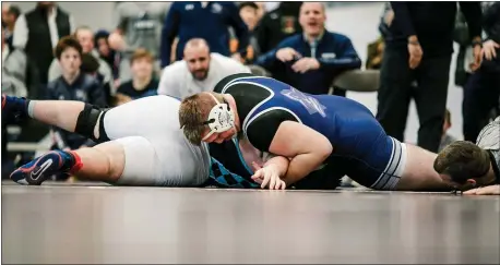  ?? NATE HECKENBERG­ER – FOR MEDIANEWS GROUP ?? Malvern Prep’s Coltin Deery, right, nears a fall against Wyoming Seminary’s Nate Miller in the 285-pound final Saturday of the Pennsylvan­ia Independen­t Schools Wrestling Tournament at Westtown School.