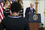  ?? EVAN VUCCI/ASSOCIATED PRESS ?? President Joe Biden speaks during a news conference in the East Room of the White House, March 25, 2021, in Washington. As President Joe Biden wraps up his first year in the White House, he has held fewer news conference­s than any of his five immediate predecesso­rs at the same point in their presidenci­es, and has taken part in fewer media interviews than any of his recent predecesso­rs. That’s according to new research from Towson University professor emerita Martha Joynt Kumar.