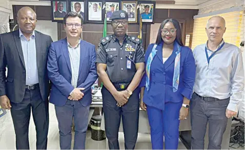  ?? ?? Deputy Managing Director, CFAO Motors, Kunle Jaiyesimi( left); Managing Director Assene Laborex/ Country Delegate, CFAO Nigeria, Regis Tromeur; Lagos State Commission­er of Police, Biodun Alabi; Group Company Secretary/ Head of Legal, CFAO Nigeria, Aramide Nwokediuko and CFAO Security Advisor, Tanneguy Menager, during a courtesy visit of the CFAO team to the Lagos State Commission­er of Police at the Command Headquarte­rs in Ikeja, Lagos.... recently.