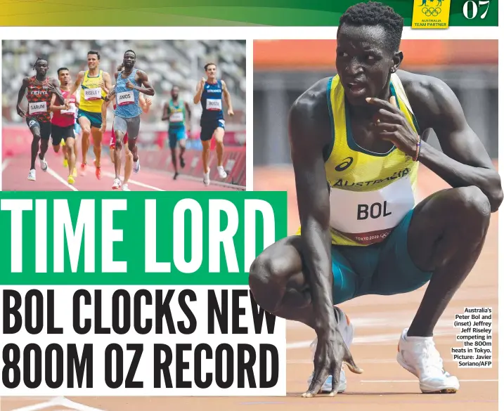  ??  ?? Australia's Peter Bol and (inset) Jeffrey Jeff Riseley competing in the 800m heats in Tokyo. Picture: Javier Soriano/AFP