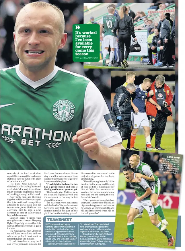  ??  ?? LONG ROAD McGeouch hobbles out of Hibs’ clash with Rangers, top, and is injured on Under-21 duty but he’s hoping for more celebratio­ns with McGinn, left