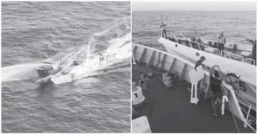  ?? (right) ?? A China Coast Guard (CCG) ship (left photo) trains its water cannon on the Philippine militarych­artered civilian boat Unaizah May 4 in an attempt to block the latter’s supply mission to Ayungin (Second Thomas) Shoal in the West Philippine Sea on Tuesday, March 5. Earlier, the Philippine Coast Guard’s (PCG) BRP Sindangan was damaged after a collision with a CCG ship due to the latter’s “dangerous blocking maneuvers,” the PCG said.