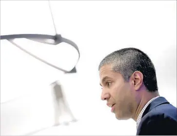  ?? Chip Somodevill­a Getty Images ?? FCC CHAIRMAN Ajit Pai speaks in May. FCC nominee Brendan Carr spent three years as Pai’s legal advisor for wireless, public safety and internatio­nal issues before becoming the agency’s general counsel in January.