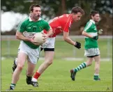  ??  ?? Glanworth’s M O’Neill gets past the challenge of Kilworth’s E McGrath when the sides met in the North Cork Junior A Football Championsh­ip