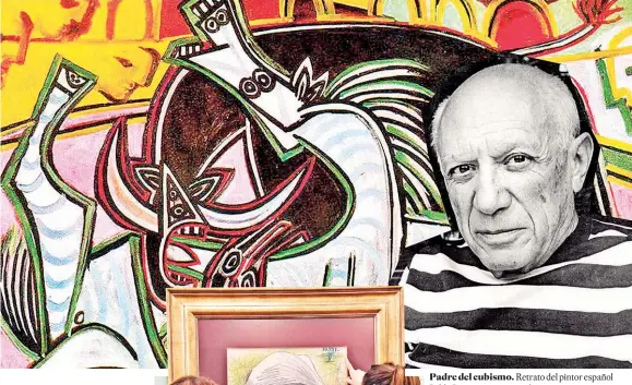  ??  ?? Padre del cubismo. Retrato del pintor español Pablo Picasso, junto a una de sus pinturas.