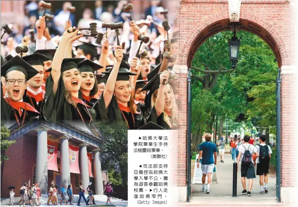  ??  ?? c哈佛大學法學院畢業­生手持法槌慶祝畢業。
(美聯社)
e司法部支持亞裔控告­哈佛大學入學不公，圖為遊客參觀哈佛校園。f行人走進哈佛窄門。
(Getty Images)