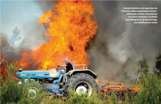  ??  ?? António Jerónimo, um agricultor de Palmela, sofreu queimadura­s de primeiro grau na face e no pescoço
ao tentar combater o incêndio que deflagrou na Quinta do Anjo,
com auxílio de um trator