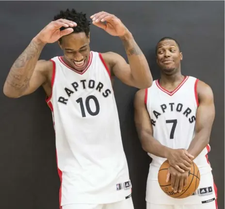 ?? BERNARD WEIL/TORONTO STAR ?? The Raptors’ DeMarre DeRozan and Kyle Lowry are good friends off the court and have great chemistry on it also, which bodes well for Toronto.