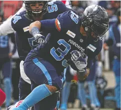  ?? JOHN E. SOKOLOWSKI / USA TODAY SPORTS ?? Toronto running back Andrew Harris will lead the Argos against his former Winnipeg Blue Bomber
club in Sunday’s Grey Cup.