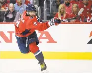  ?? Nick Wass / Associated Press ?? Capitals left wing Alex Ovechkin follows through on a shot during Game 2 of a first-round playoff series against Hurricanes in April 2019. Ovechkin and Boston’s David Pastrnak share the Maurice “Rocket” Richard Trophy, the league announced Thursday.