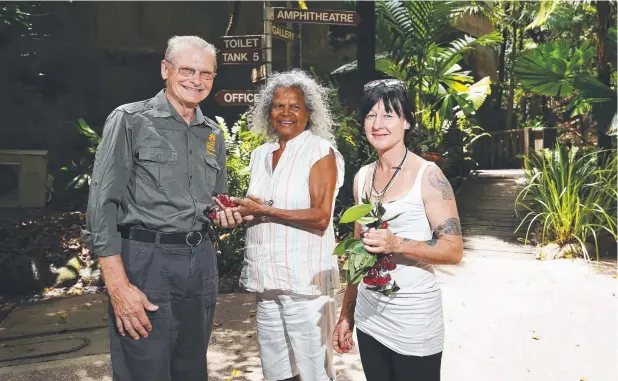  ?? Picture: BRENDAN RADKE ?? GUIDE: Volunteer Sandy Long shows Linda Leftwich and Louberry Tyler some water rose apples on a tour that leaves from the visitor centre.