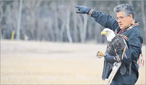  ?? KATIE SMITH/THE GUARDIAN ?? Mi’kmaq elder Junior Peter-Paul points to the sky seconds before the eagle, which was injured and nursed back to health, was released back into the wild in Tracadie Cross on Wednesday.