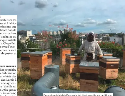  ??  ?? Des ruches de Miel de Paris sur le toit d’un immeuble, rue de l’Ourcq.