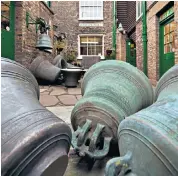 ??  ?? Bells in the courtyard, left, at the historic Whitechape­l Bell Foundry, whose work over the past 300 years has included, right, casting three of the Royal Diamond Jubilee bells in 2012. Below, an 1858 illustrati­on shows the creation of Big Ben’s bells