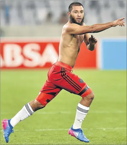  ?? PHOTO: ASHLEY VLOTMAN/GALLO IMAGES ?? Orlando Pirates midfielder Riyaad Norodien celebrates his equalising goal for Bucs against Cape Town City on Saturday. The strike was his first for the club.