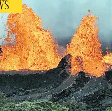  ?? US GEOLOGICAL SURVEY / AFP PHOTO ?? Lava spatters from Hawaii’s Kilauea volcano on Monday, where authoritie­s have warned of dangerous “laze” fumes — which contain hydrochlor­ic acid and tiny shards of glass — as molten lava from the erupting volcano reaches the ocean.