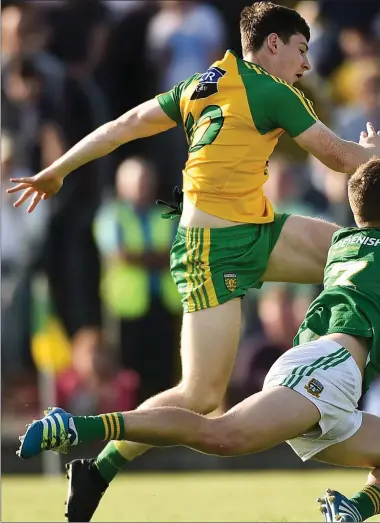  ??  ?? Conor McGill of Meath blocks a shot on goal from Jamie Brennan of Donegal.