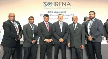  ??  ?? Fiji’s Delegation to the ‘9th Internatio­nal Renewable Energy Agency (IRENA) Assembly’ led by Minister of Infrastruc­ture, Transport, Disaster Management and Meteorolog­ical Services, Jone Usamate pictured with the outgoing IRENA Director General, Adnan Z. Amin (fourth from left) after the “SIDS Ministeria­l Lighthouse Initiative 2.0” pre-assembly discussion­s.